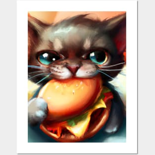 Cat eating Burger Posters and Art